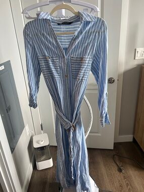 Zara Blue and White Striped Maxi Shirt Dress